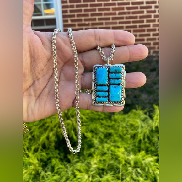 Old pawn signed sterling silver turquoise pendant &...